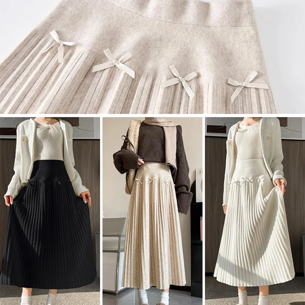 Fall Winter Knitted Pleated Skirt for Women Bow Decor Elastic High Waist Midi A-Line Skirt