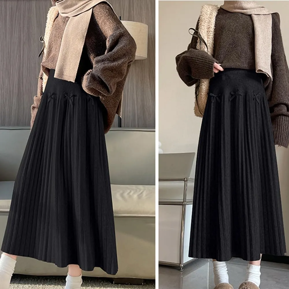 Fall Winter Knitted Pleated Skirt for Women Bow Decor Elastic High Waist Midi A-Line Skirt