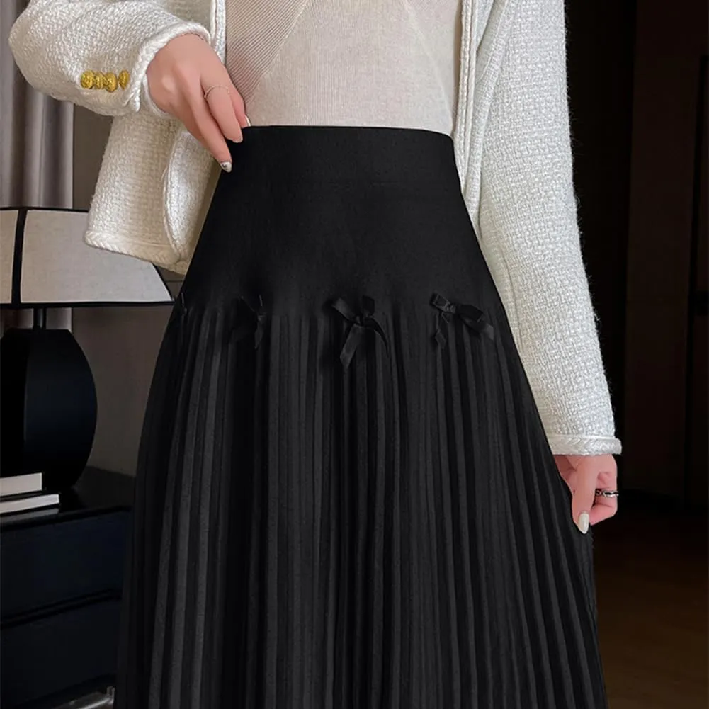 Fall Winter Knitted Pleated Skirt for Women Bow Decor Elastic High Waist Midi A-Line Skirt