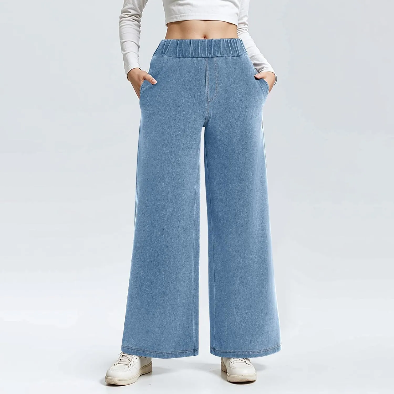 fanmpghleoo Sweatpants That Look Like Jeans Elastic Waist Wide Leg Jean Woman Trendy Boyfriend Denim Pants Loose Cowboy Pants