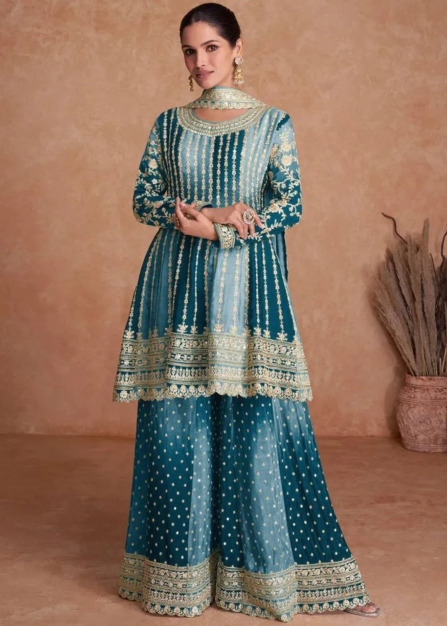 Fantastic Ombre Style Chinon Embroidered Sharara Suits