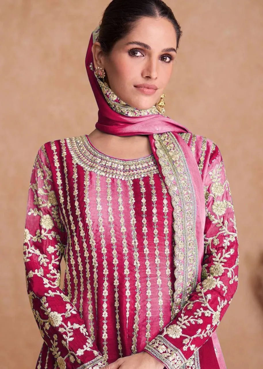 Fantastic Ombre Style Chinon Embroidered Sharara Suits