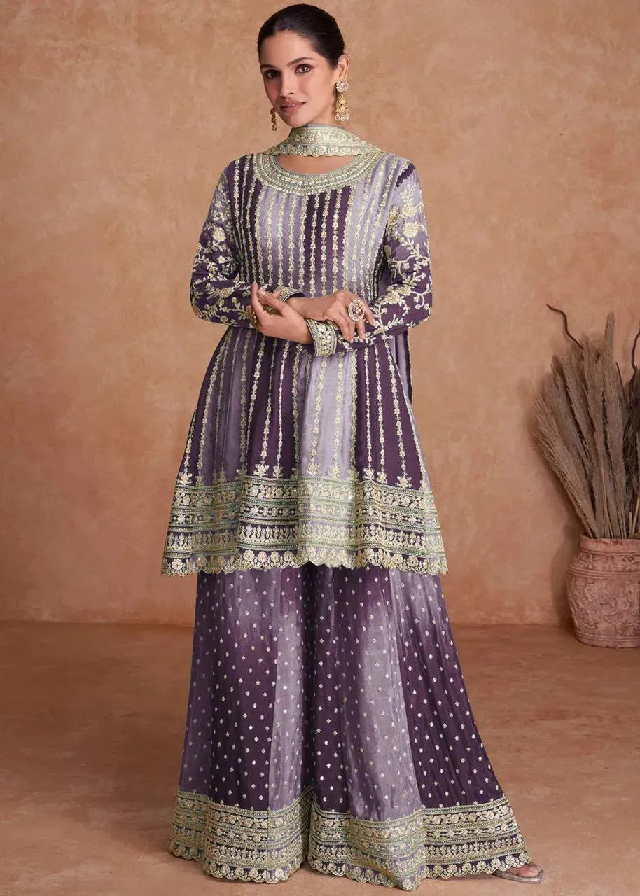 Fantastic Ombre Style Chinon Embroidered Sharara Suits