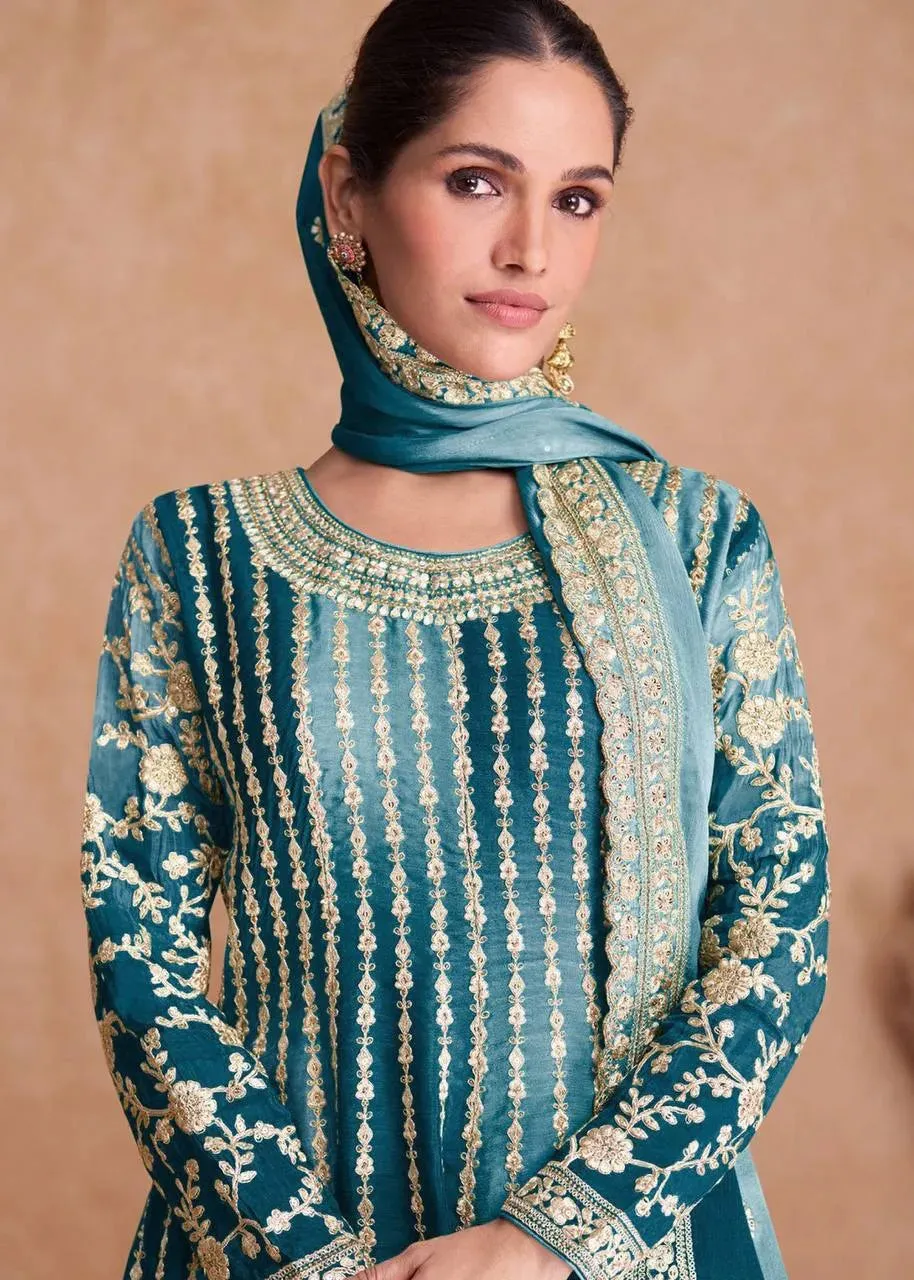 Fantastic Ombre Style Chinon Embroidered Sharara Suits