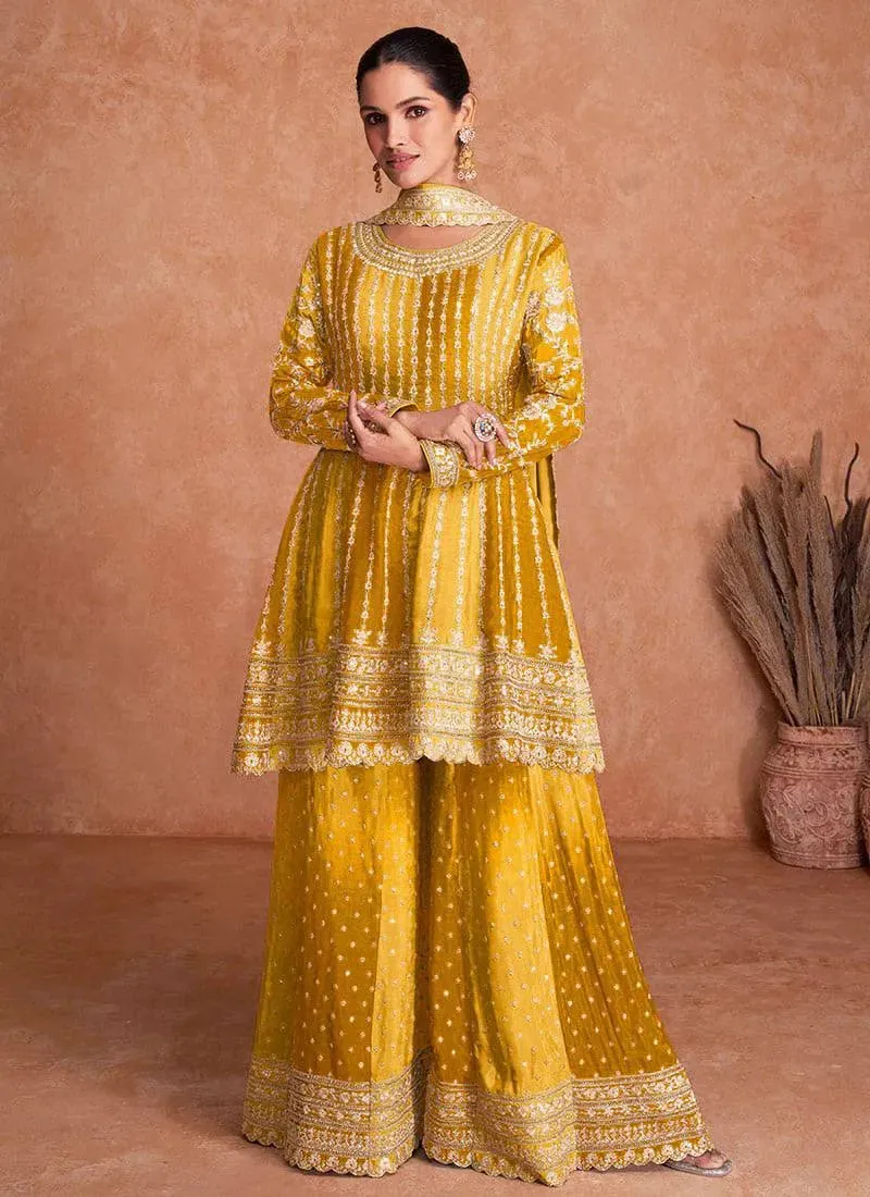 Fantastic Ombre Style Chinon Embroidered Sharara Suits