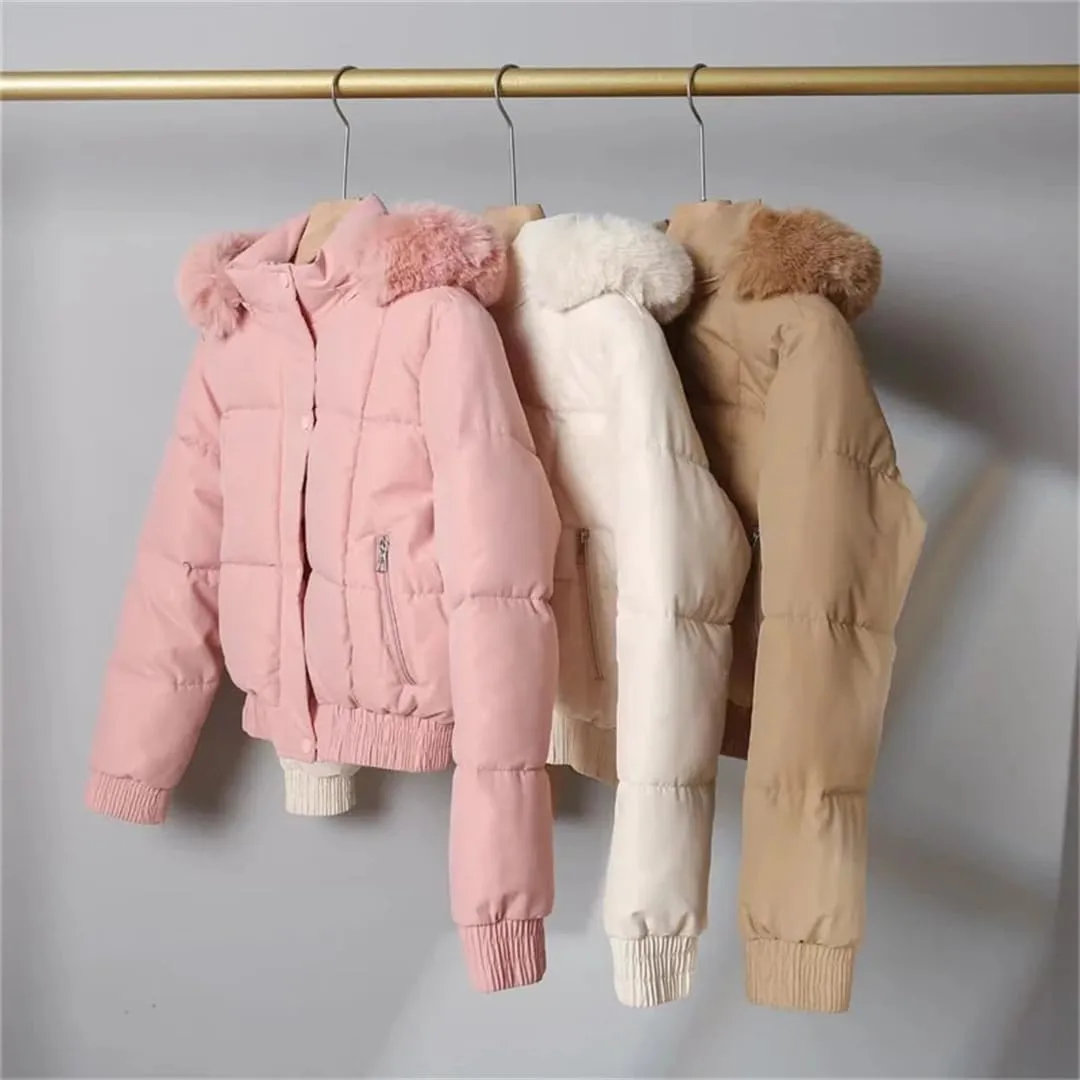 Fashion Short Parkas Women's Cotton-Padded Jacket Hooded Thicken Fur Collar Warm Coats