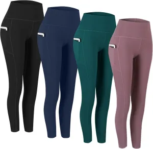 Fengbay 4 Pack High Waist Yoga Pants, Pocket Yoga Pants Tummy Control Workout Leggings 4 Way Stretch Leggings with Pockets