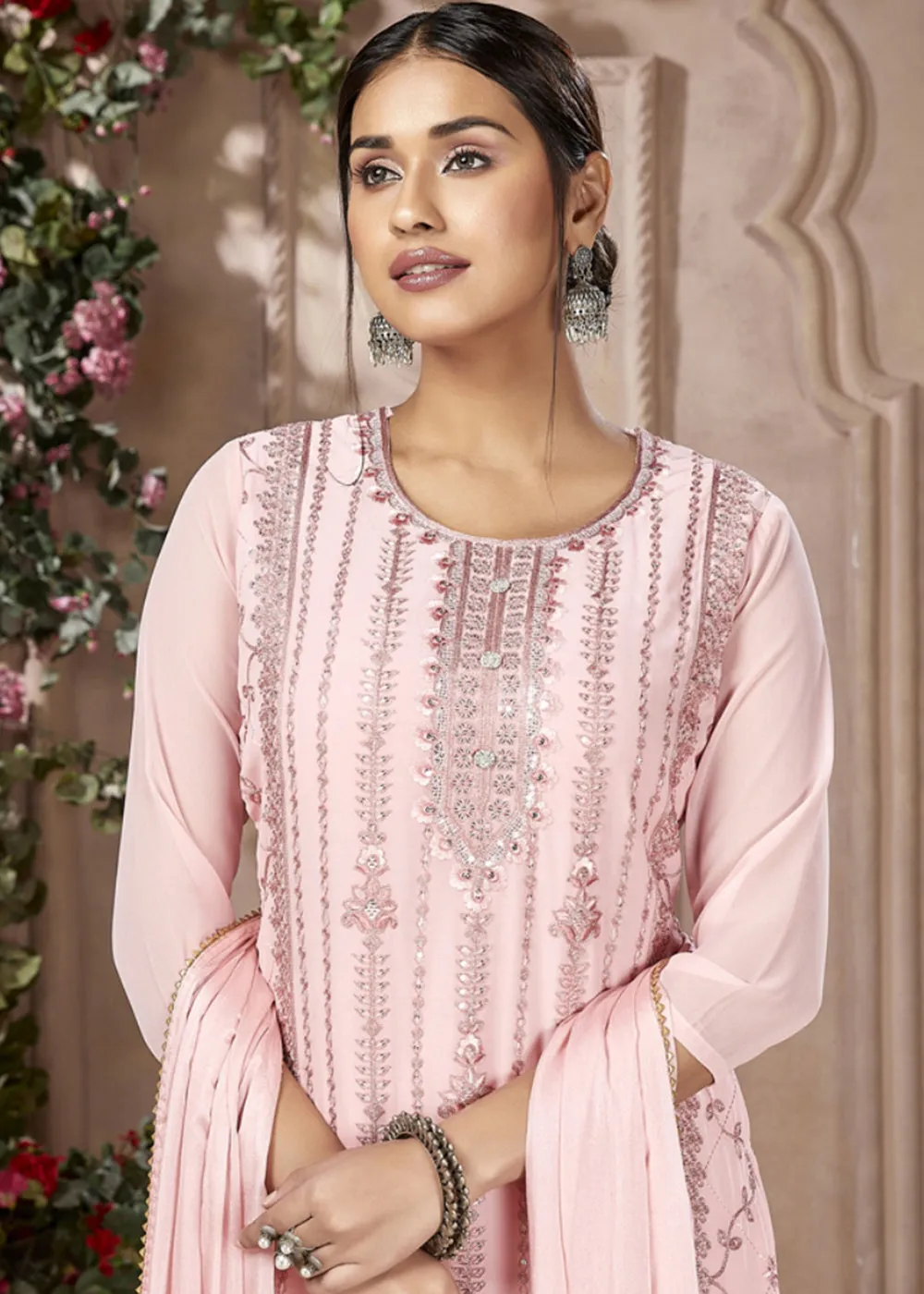 Festive Look Elegant Pink Embroidered Pant Style Salwar Suit