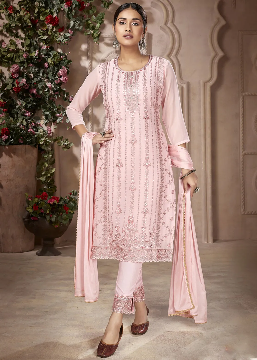 Festive Look Elegant Pink Embroidered Pant Style Salwar Suit