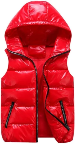 FindThy Womens Shiny Puffer Down Vest Quilted Zip Up Hat Collar Pocketed Sleeveless Jacket