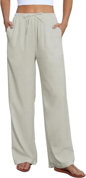 FireSwan Womens Linen Pants Summer Wide Leg Palazzo Pants with Pockets High Waisted Flowy Beach Trousers