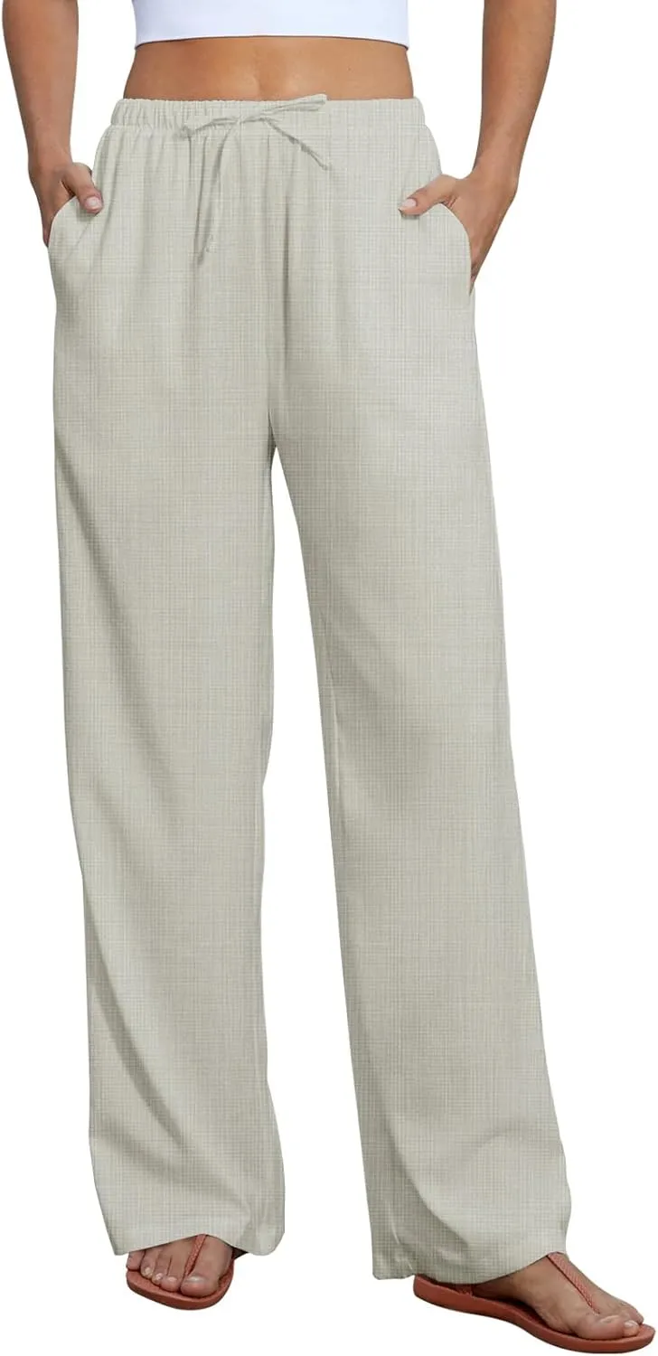 FireSwan Womens Linen Pants Summer Wide Leg Palazzo Pants with Pockets High Waisted Flowy Beach Trousers