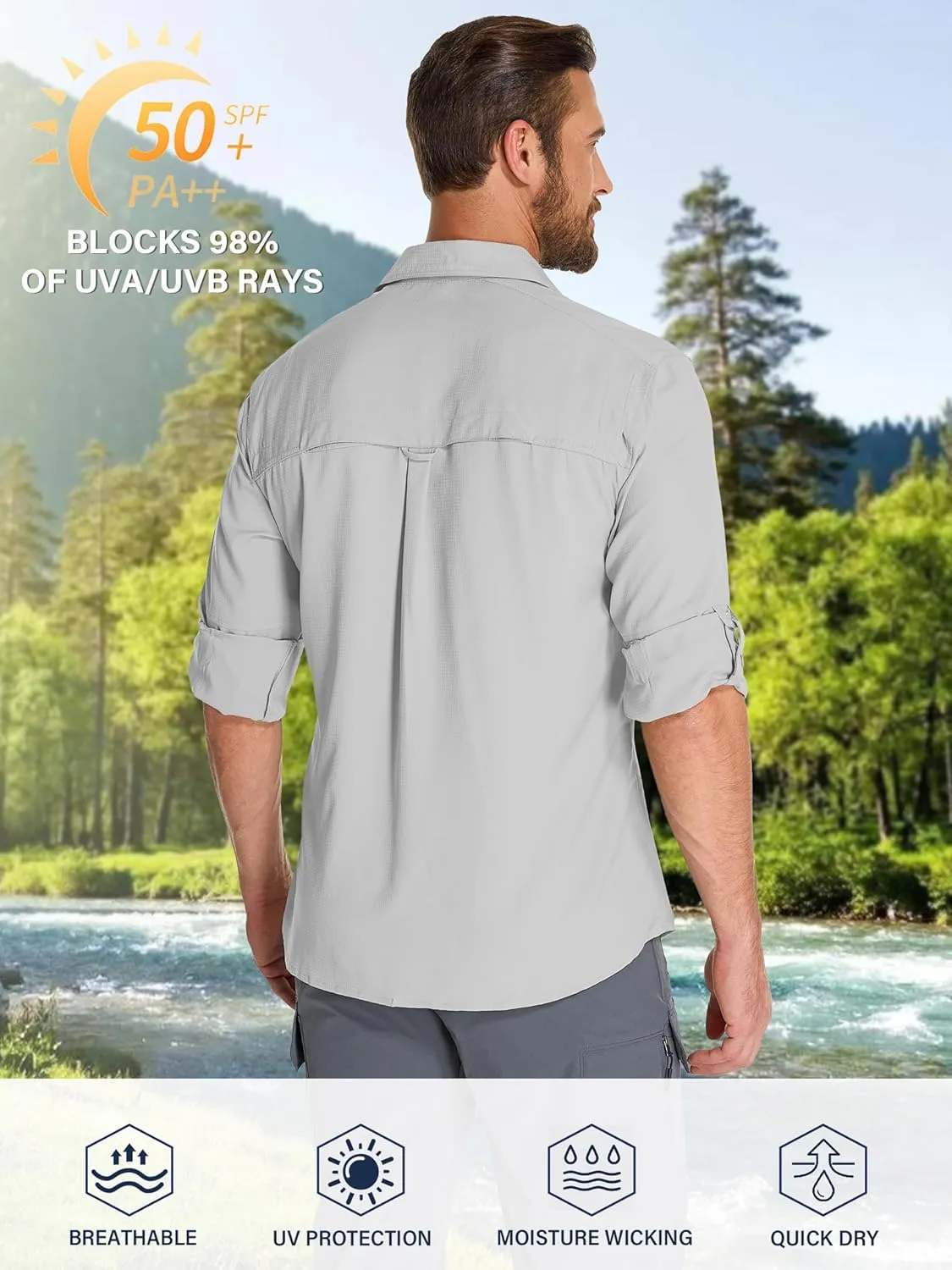 Fishing Shirts for Men, Sun Protection Long Sleeve Hiking Outdoor UV Shirt Quick Dry UPF 50  for Travel Safari Camping