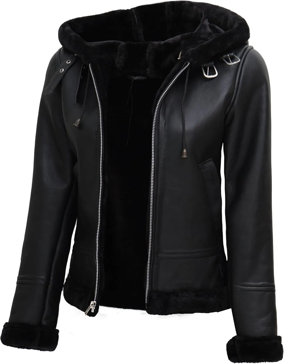 fjackets Leather Jacket Women Sherpa - Lambskin Black Hoodie For Women | [1309287] Grace, 3XL