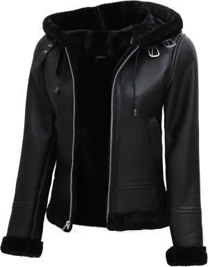 fjackets Leather Jacket Women Sherpa - Lambskin Black Hoodie For Women | [1309287] Grace, 3XL