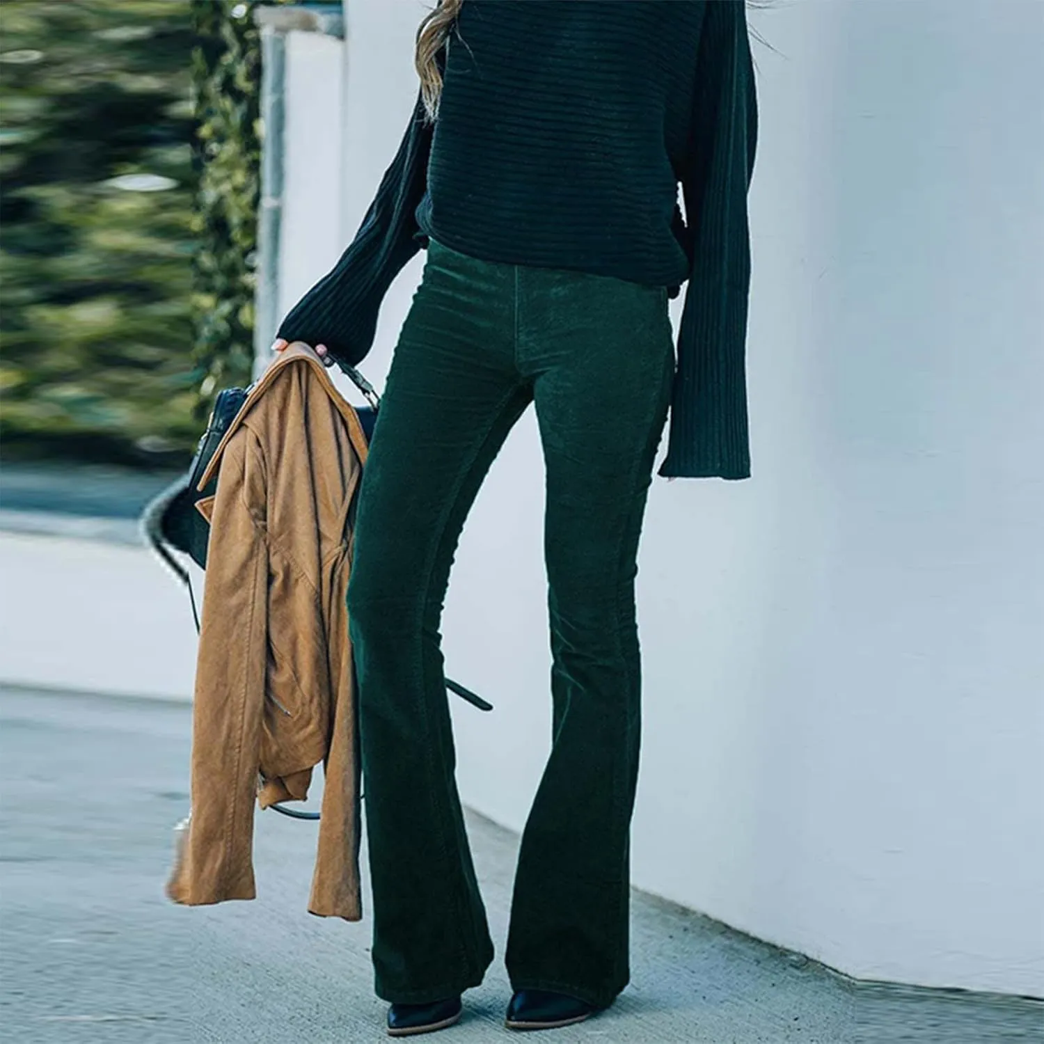 Flare Corduroy Pants for Women High Waisted Wide Leg Pants Elastic Waist Pull On Bell Bottoms Front Seam Slacks