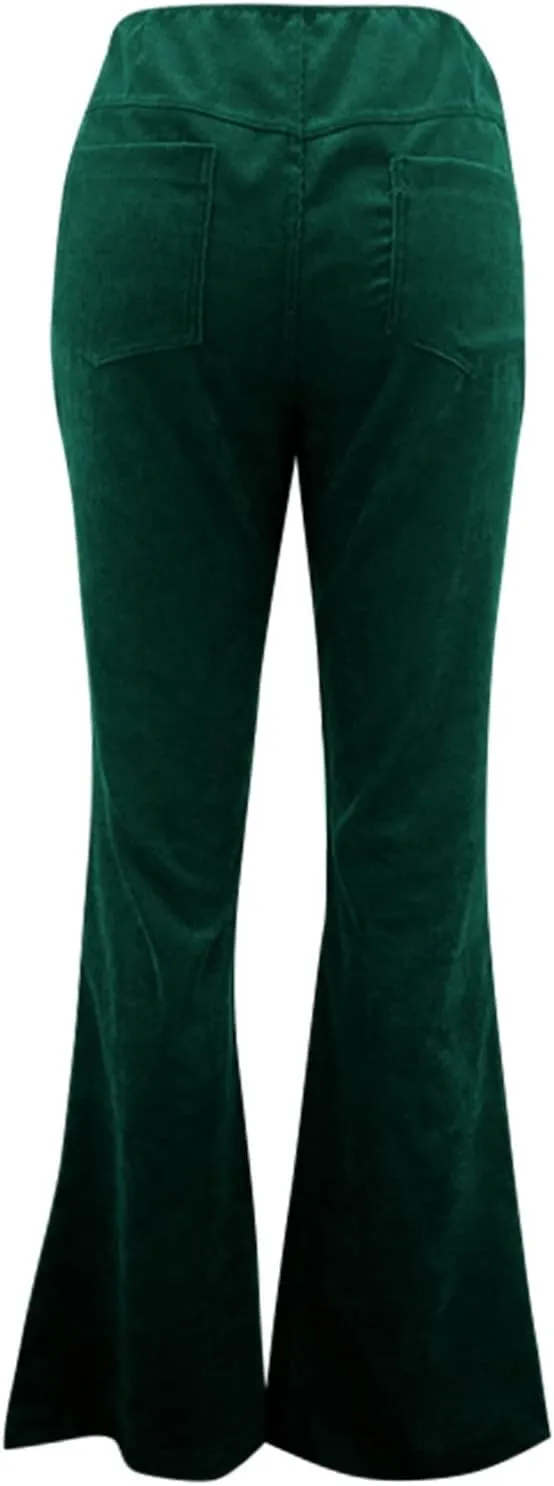 Flare Corduroy Pants for Women High Waisted Wide Leg Pants Elastic Waist Pull On Bell Bottoms Front Seam Slacks