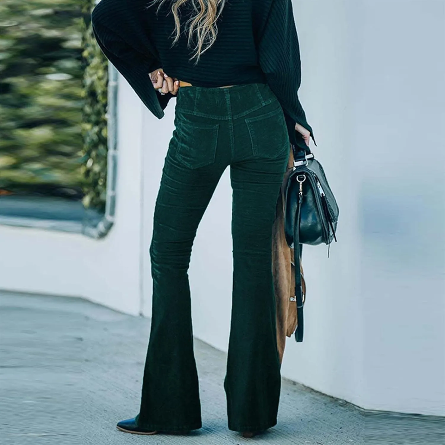 Flare Corduroy Pants for Women High Waisted Wide Leg Pants Elastic Waist Pull On Bell Bottoms Front Seam Slacks