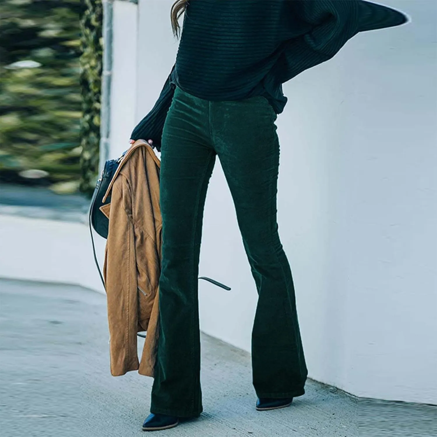 Flare Corduroy Pants for Women High Waisted Wide Leg Pants Elastic Waist Pull On Bell Bottoms Front Seam Slacks