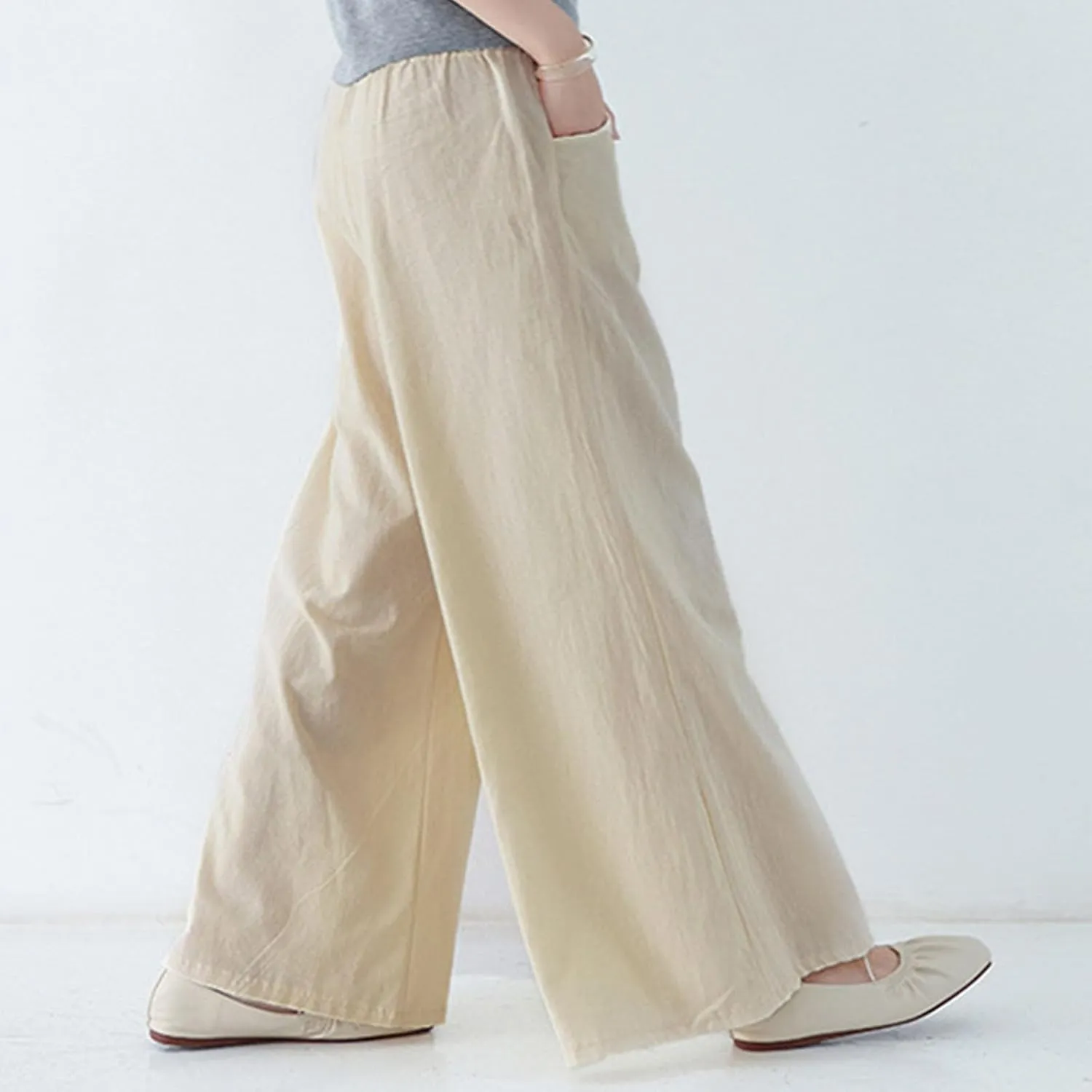 FZYLQY Women Drawstring Summer Linen Palazzo Pants Boho High Waisted Wide Leg Casual Long Lounge Pant Trousers with Pockets