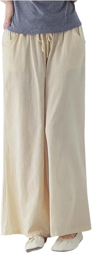 FZYLQY Women Drawstring Summer Linen Palazzo Pants Boho High Waisted Wide Leg Casual Long Lounge Pant Trousers with Pockets