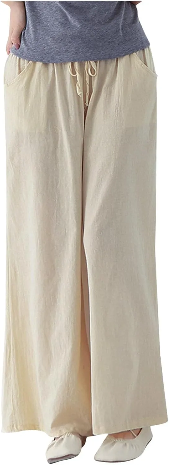 FZYLQY Women Drawstring Summer Linen Palazzo Pants Boho High Waisted Wide Leg Casual Long Lounge Pant Trousers with Pockets