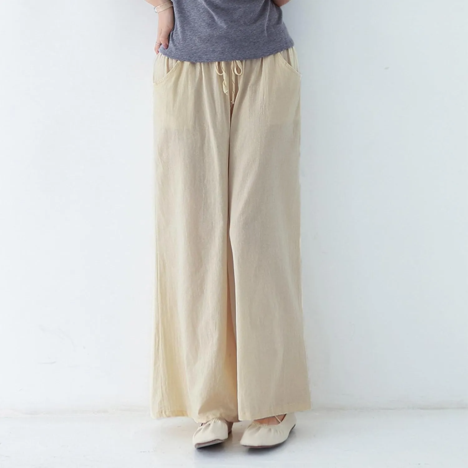 FZYLQY Women Drawstring Summer Linen Palazzo Pants Boho High Waisted Wide Leg Casual Long Lounge Pant Trousers with Pockets