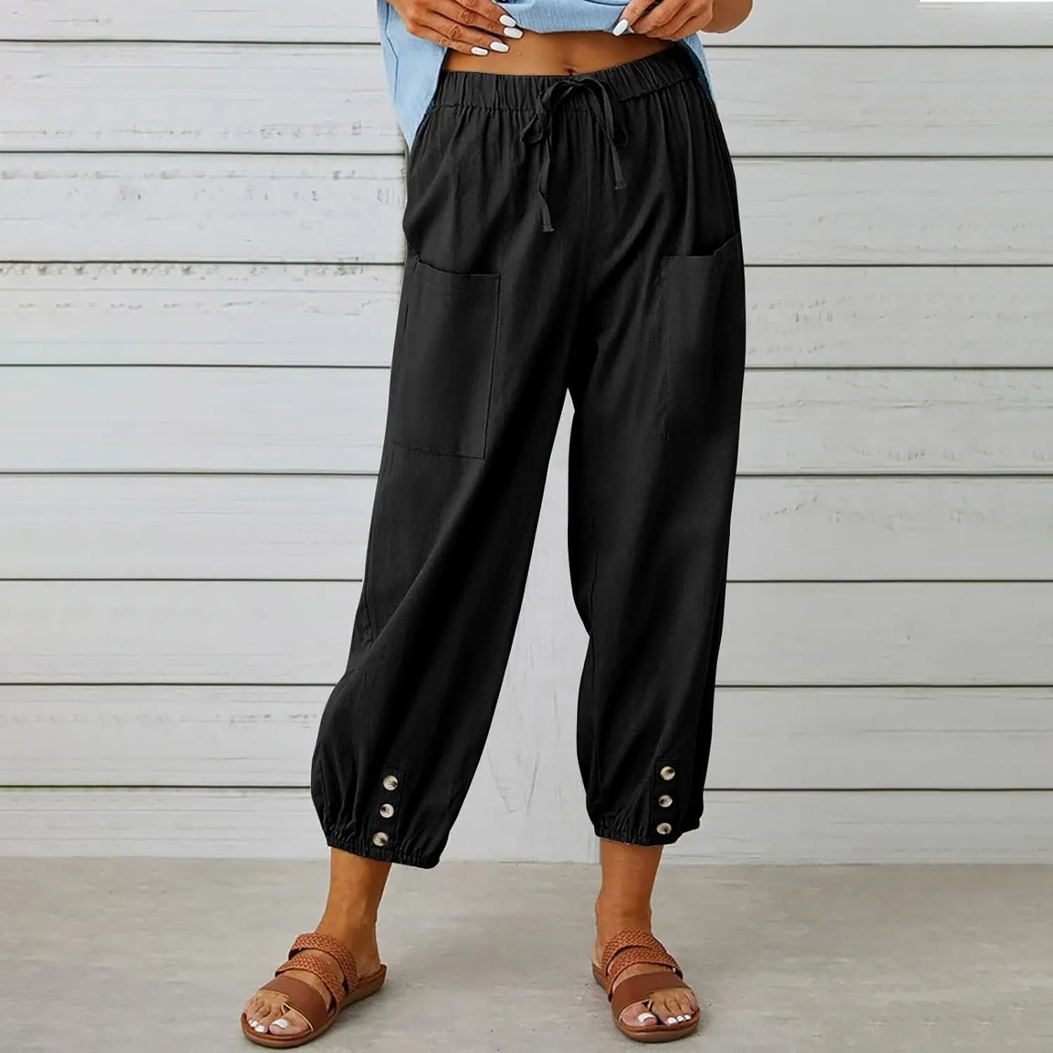 FZYLQY Women's Wide Leg Pants Elastic High Waist Drawstring Capri Trousers Lounge Linen Joggers Sweatpants with Pockets