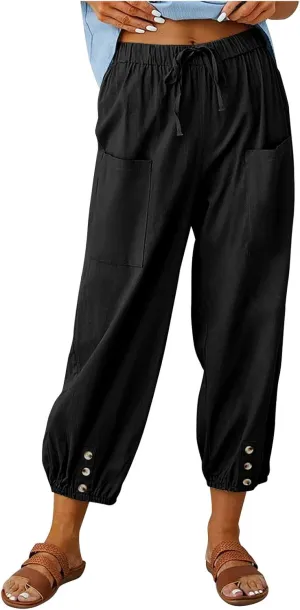 FZYLQY Women's Wide Leg Pants Elastic High Waist Drawstring Capri Trousers Lounge Linen Joggers Sweatpants with Pockets