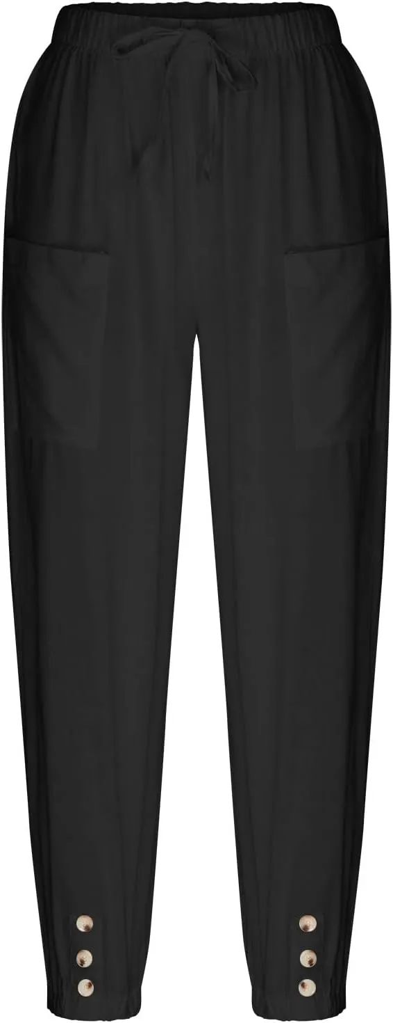 FZYLQY Women's Wide Leg Pants Elastic High Waist Drawstring Capri Trousers Lounge Linen Joggers Sweatpants with Pockets