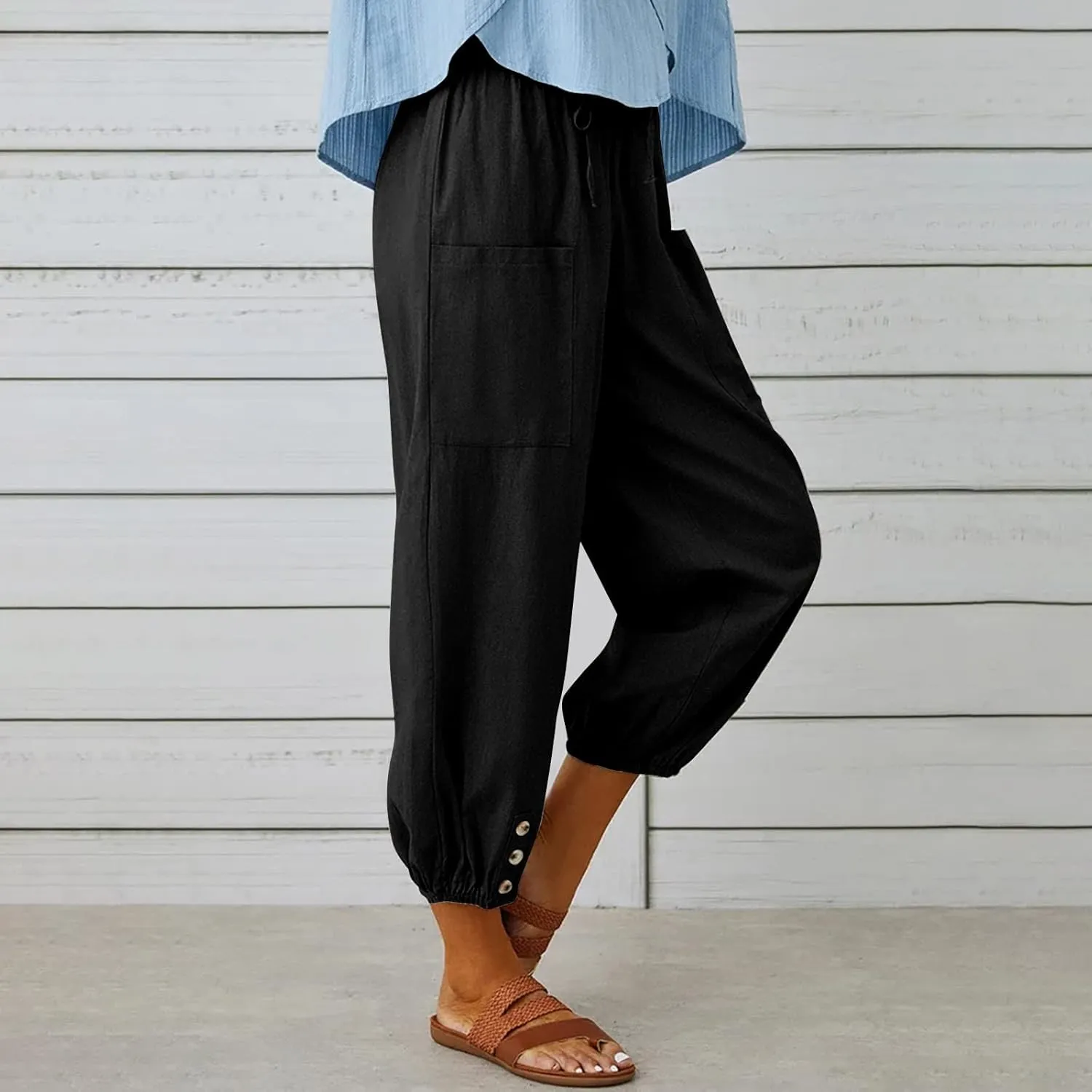 FZYLQY Women's Wide Leg Pants Elastic High Waist Drawstring Capri Trousers Lounge Linen Joggers Sweatpants with Pockets
