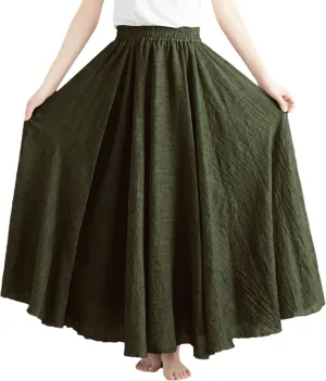 Giltpeak Linen Maxi Skirt, Women's Summer Bohemian Long Skirt, Cotton Elastic Waist Band Maxi Skirt