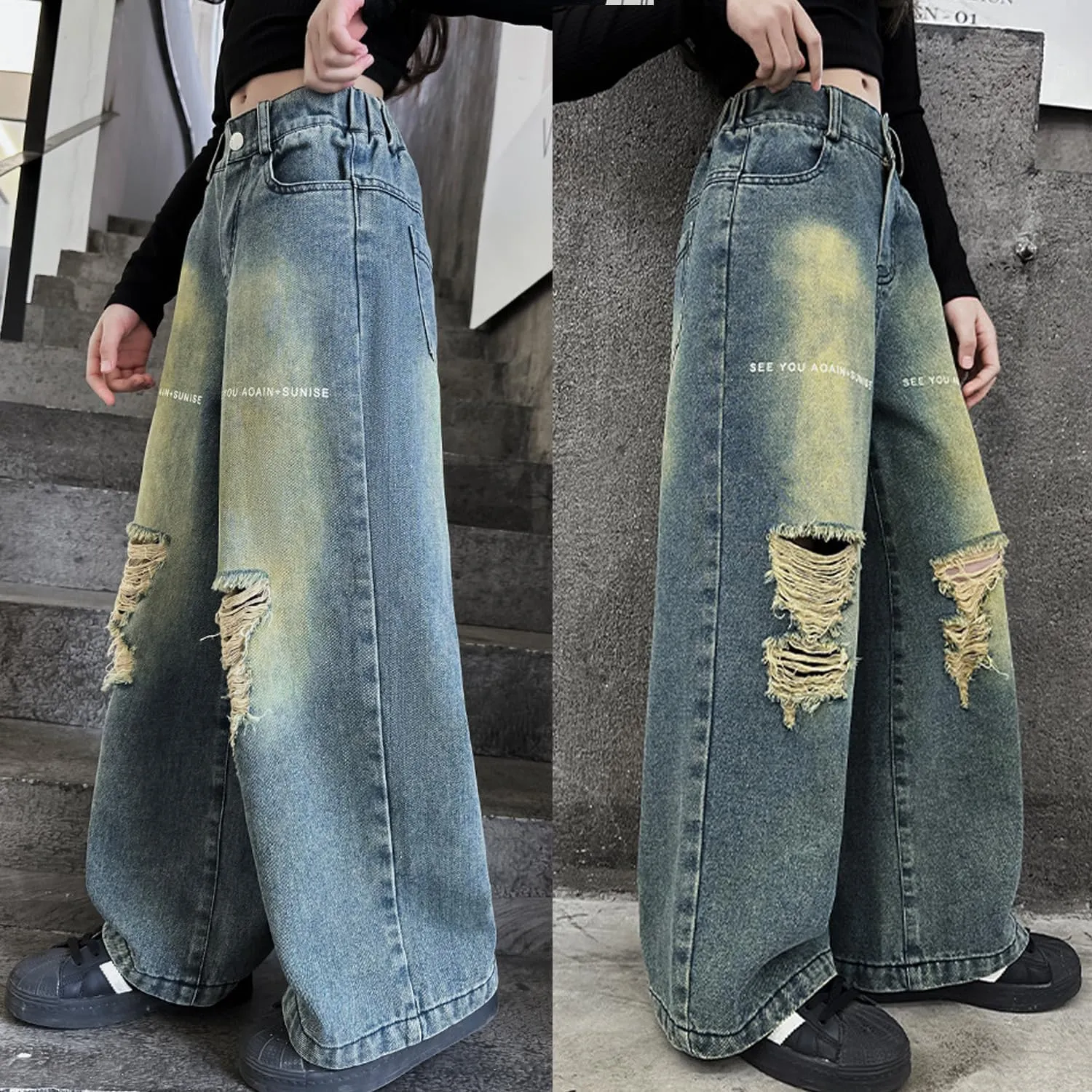 Girls Ripped Jeans Casual Elastic Waist Wide Leg Baggy Pants Kids Clothes 5-14 Years