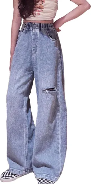 Girls Ripped Jeans Casual Elastic Waist Wide Leg Baggy Pants Kids Clothes 5-14 Years