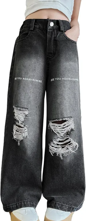 Girls Ripped Jeans Casual Elastic Waist Wide Leg Baggy Pants Kids Clothes 5-14 Years