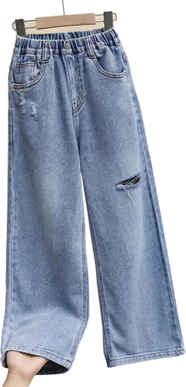 Girls Ripped Jeans Casual Elastic Waist Wide Leg Baggy Pants Kids Clothes 5-14 Years