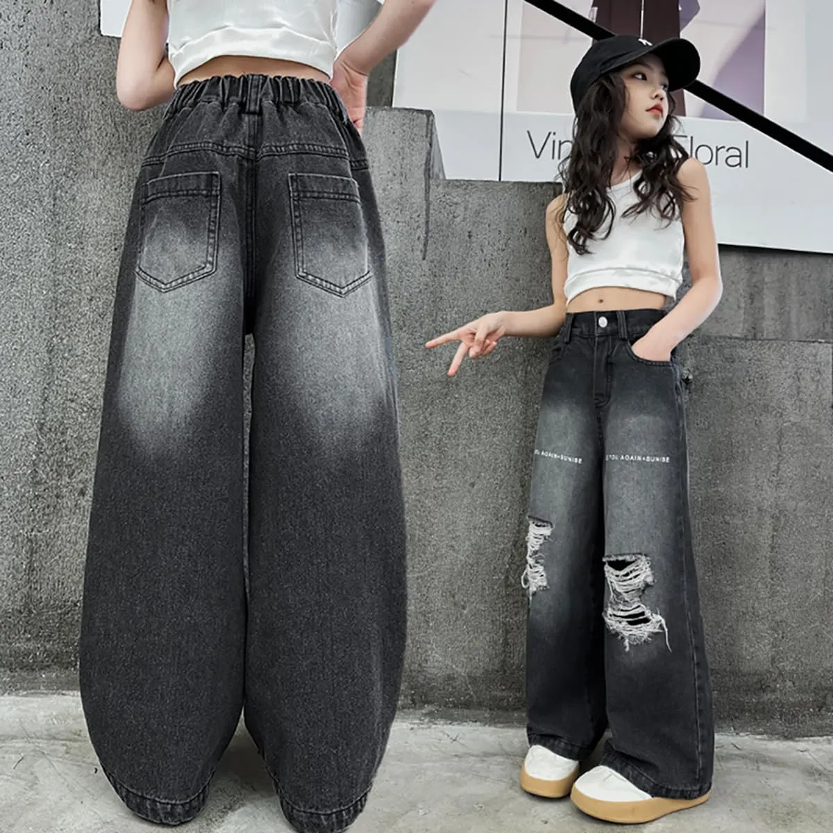 Girls Ripped Jeans Casual Elastic Waist Wide Leg Baggy Pants Kids Clothes 5-14 Years