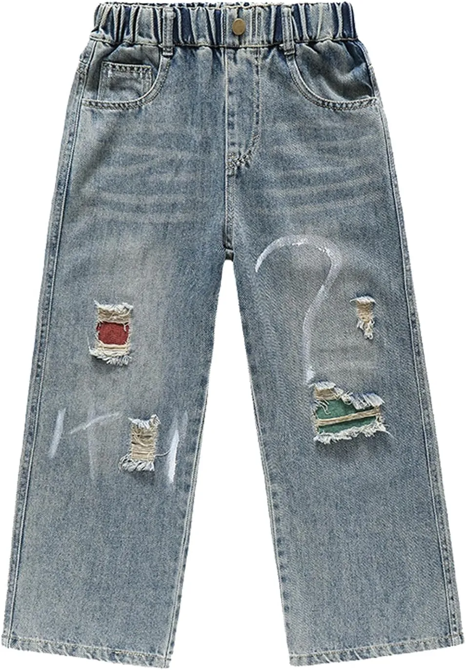 Girls Ripped Jeans Casual Elastic Waist Wide Leg Baggy Pants Kids Clothes 5-14 Years