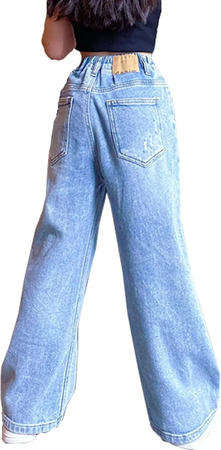 Girls Ripped Jeans Casual Elastic Waist Wide Leg Baggy Pants Kids Clothes 5-14 Years