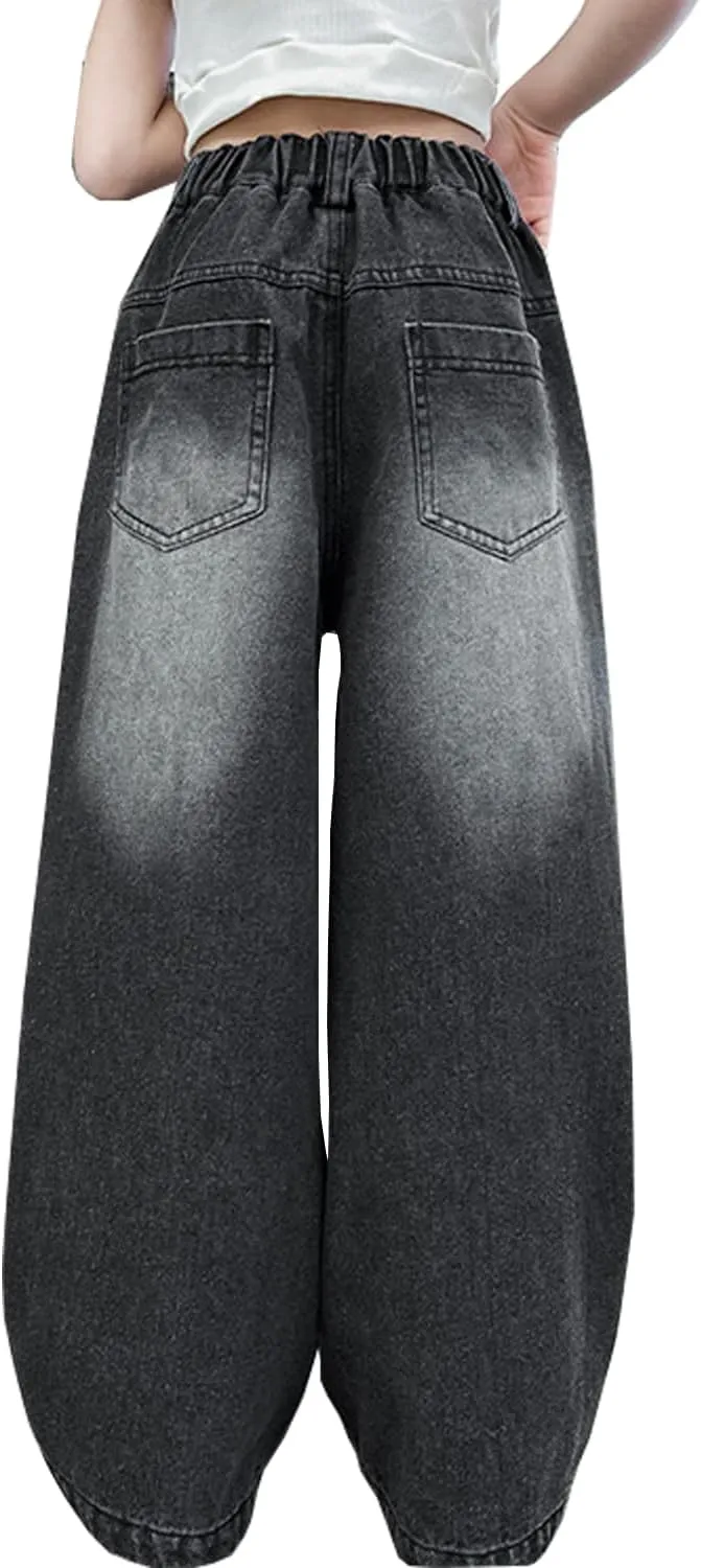 Girls Ripped Jeans Casual Elastic Waist Wide Leg Baggy Pants Kids Clothes 5-14 Years