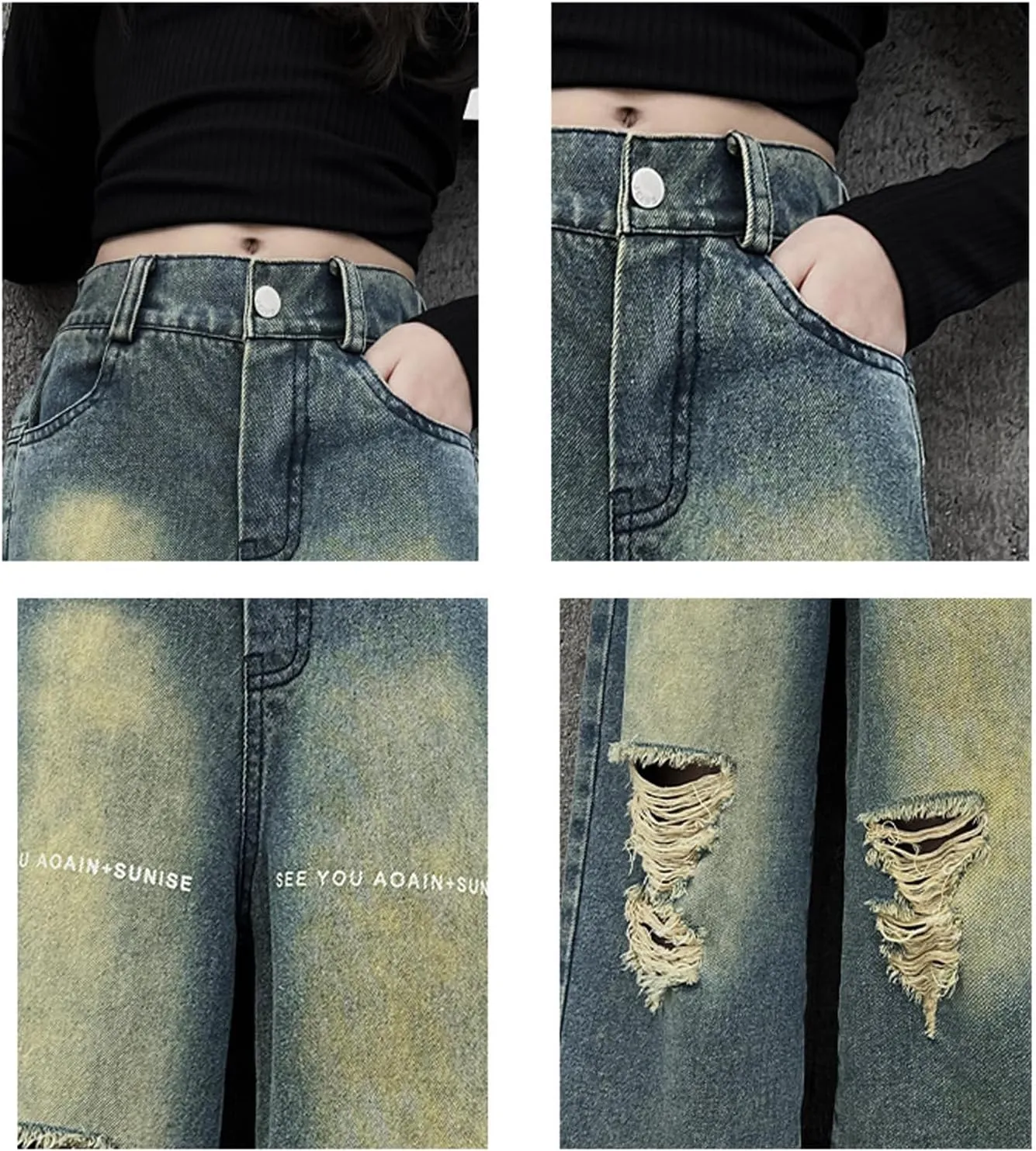 Girls Ripped Jeans Casual Elastic Waist Wide Leg Baggy Pants Kids Clothes 5-14 Years