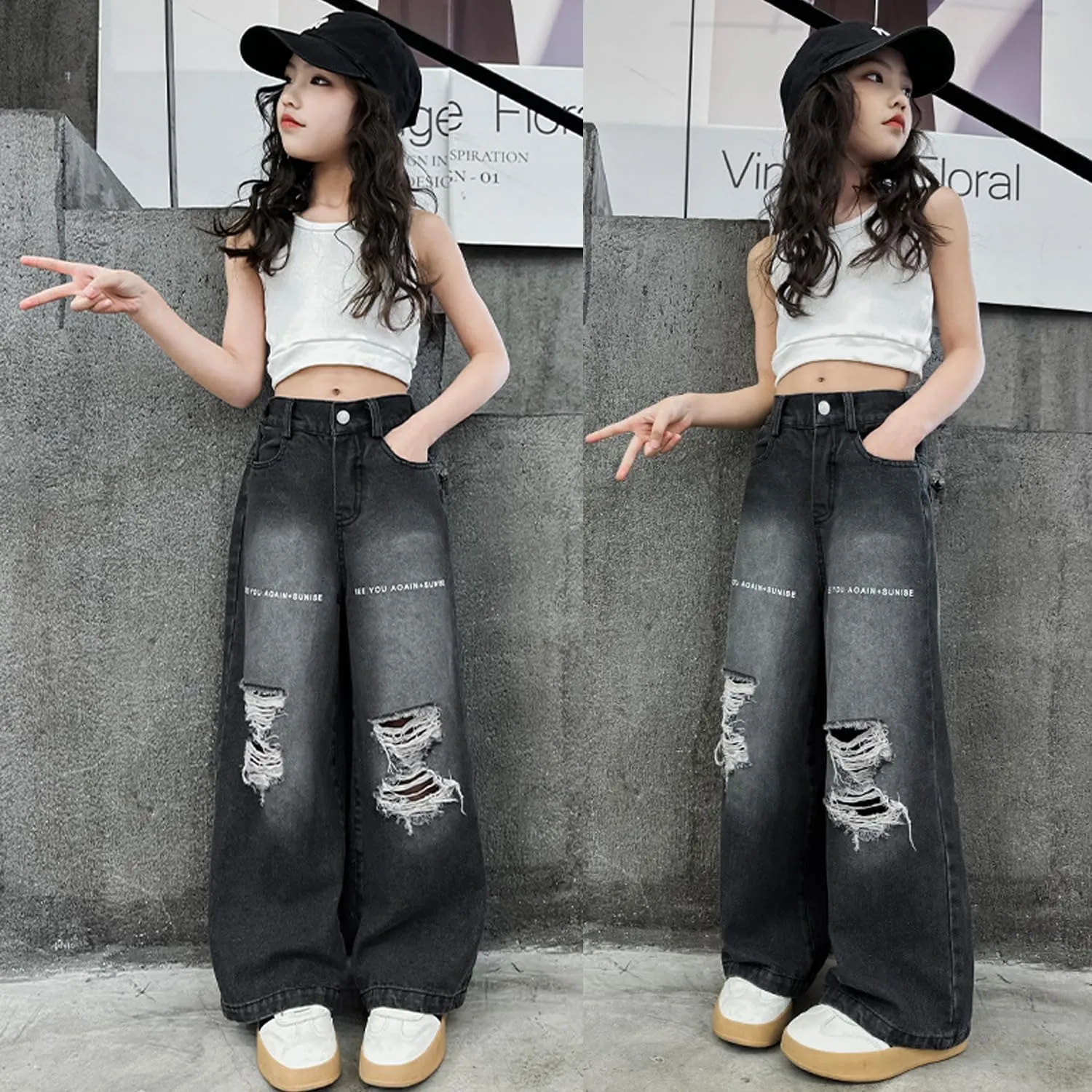 Girls Ripped Jeans Casual Elastic Waist Wide Leg Baggy Pants Kids Clothes 5-14 Years
