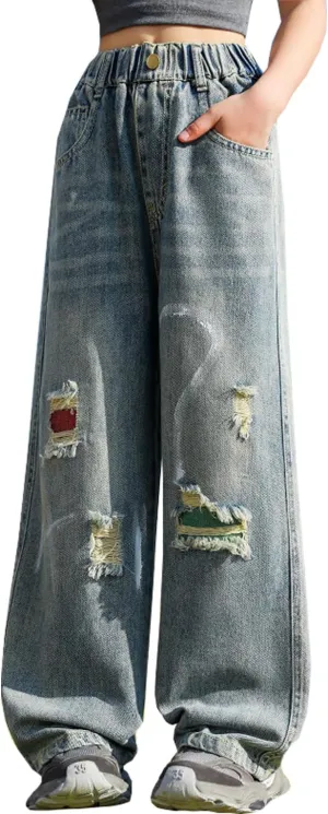 Girls Ripped Jeans Casual Elastic Waist Wide Leg Baggy Pants Kids Clothes 5-14 Years