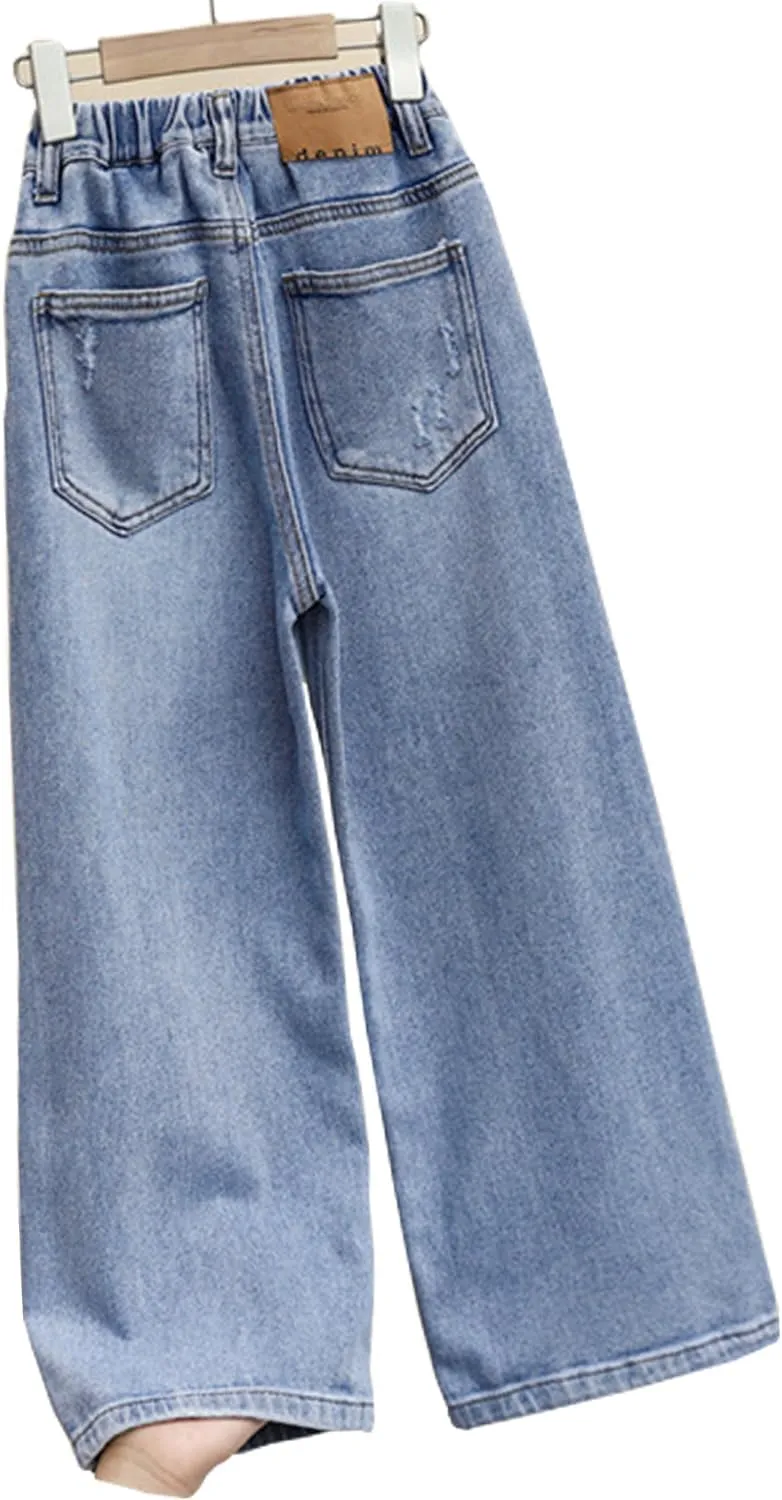 Girls Ripped Jeans Casual Elastic Waist Wide Leg Baggy Pants Kids Clothes 5-14 Years