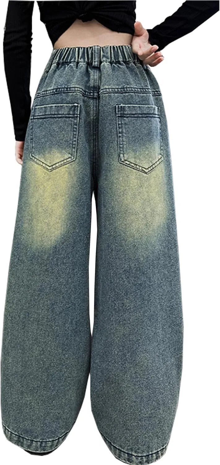 Girls Ripped Jeans Casual Elastic Waist Wide Leg Baggy Pants Kids Clothes 5-14 Years
