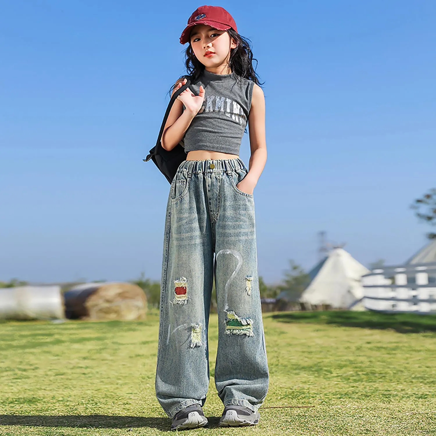Girls Ripped Jeans Casual Elastic Waist Wide Leg Baggy Pants Kids Clothes 5-14 Years