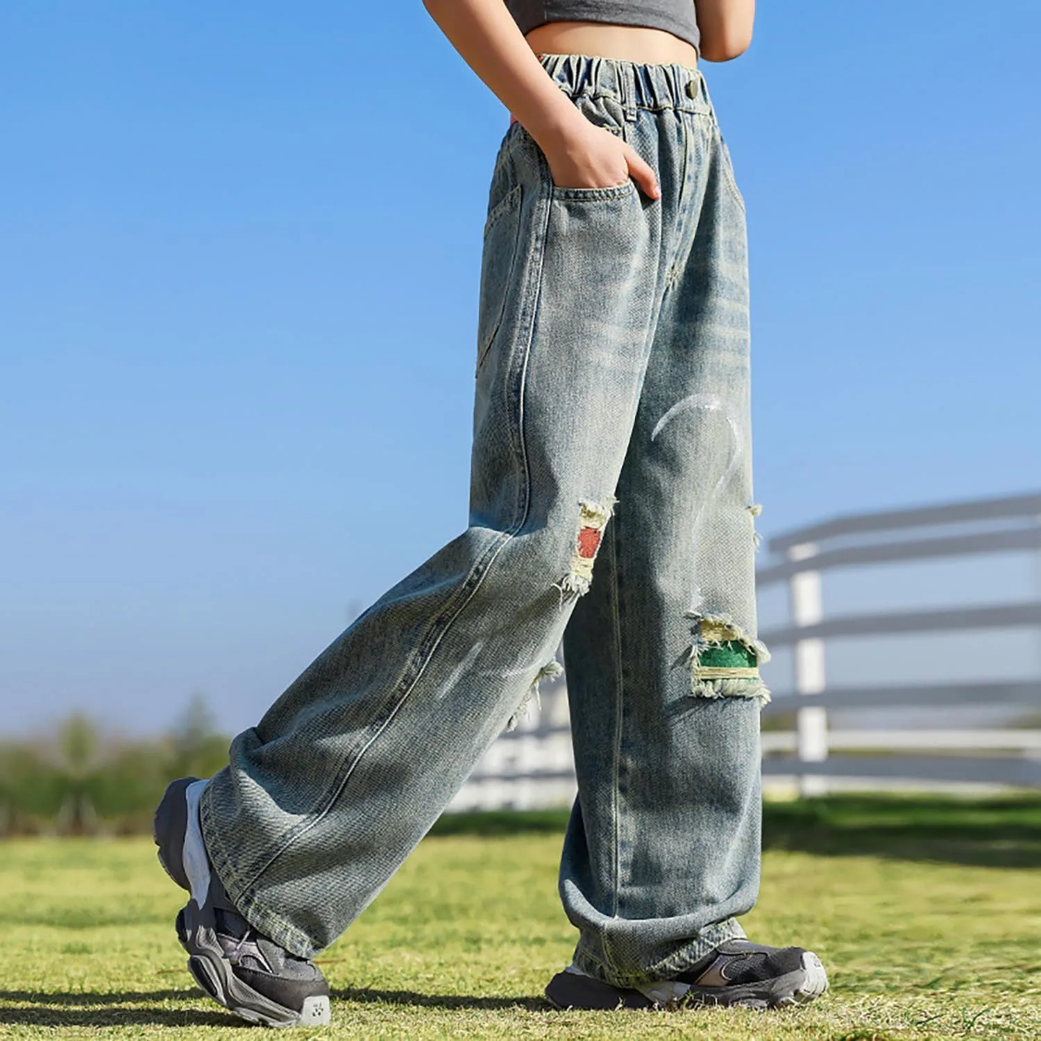 Girls Ripped Jeans Casual Elastic Waist Wide Leg Baggy Pants Kids Clothes 5-14 Years