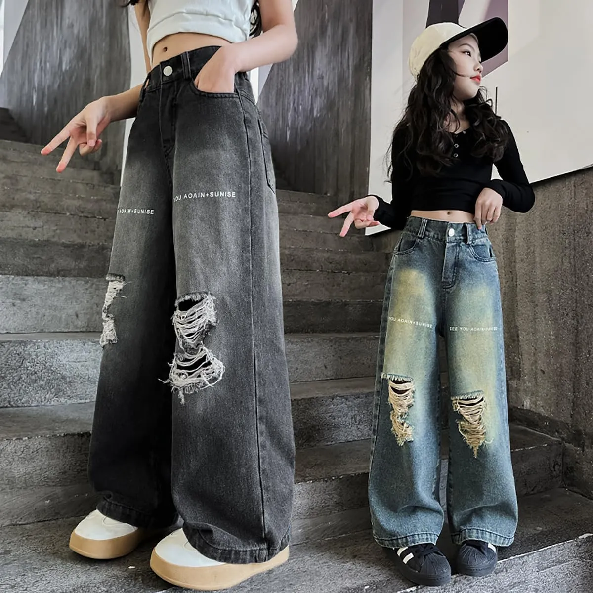 Girls Ripped Jeans Casual Elastic Waist Wide Leg Baggy Pants Kids Clothes 5-14 Years