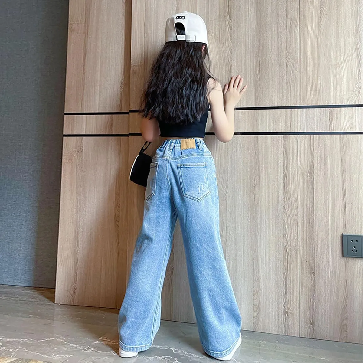 Girls Ripped Jeans Casual Elastic Waist Wide Leg Baggy Pants Kids Clothes 5-14 Years