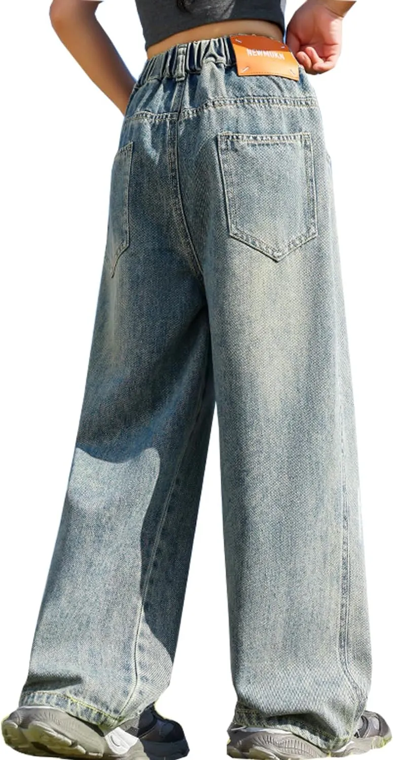 Girls Ripped Jeans Casual Elastic Waist Wide Leg Baggy Pants Kids Clothes 5-14 Years
